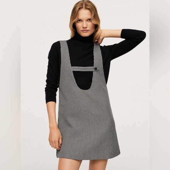 NWT Mango Black and White Houndstooth V-Neck Day Dress Size Small - Picture 1 of 7